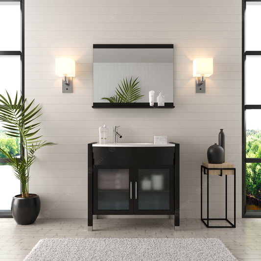 Virtu USA Ava 36" Single Bath Vanity with White Engineered Stone Top and Round Sink with Polished Chrome Faucet and Mirror - Luxe Bathroom Vanities