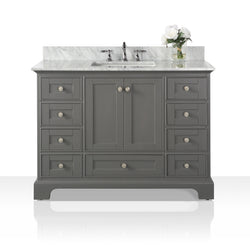Ancerre Designs Audrey 48 in. Bath Vanity Set with Italian Carrara White Marble Vanity Top and White Undermount Basin with Gold Hardware - Luxe Bathroom Vanities