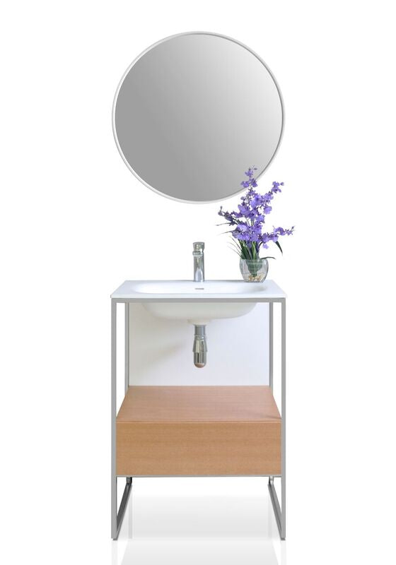 Ancerre Designs Tory 24 in. Bath Vanity in Natural Walnut with White Matte Seamless Solid Surface Sink top and Mirror - Luxe Bathroom Vanities