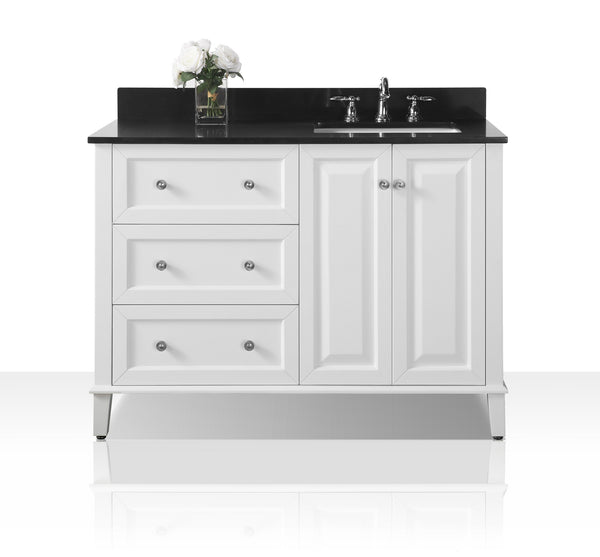 Ancerre Designs Hannah 48 in. Off Centered Right Basin Vanity Set in White with Black Granite Vanity top with Gold Hardware - Luxe Bathroom Vanities
