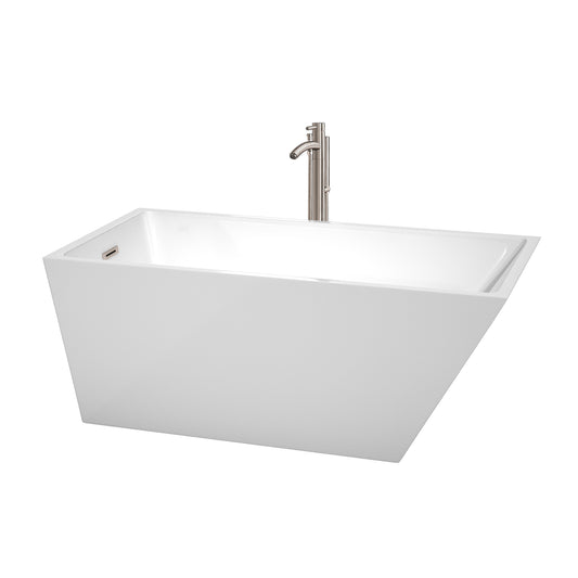 Wyndham Collection Hannah 59 Inch Freestanding Bathtub in White with Floor Mounted Faucet, Drain and Overflow Trim in Brushed Nickel - Luxe Bathroom Vanities