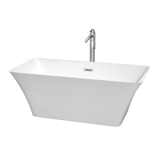 59 inch Freestanding Bathtub in White with Floor Mounted Faucet, Drain and Overflow Trim - Luxe Bathroom Vanities Luxury Bathroom Fixtures Bathroom Furniture