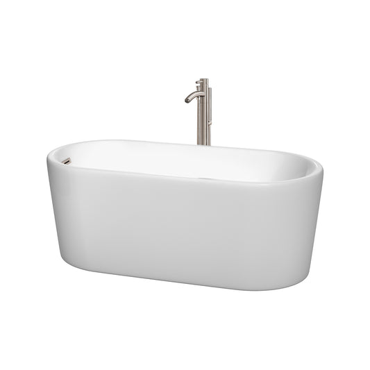 Wyndham Collection Ursula 59 Inch Freestanding Bathtub in White with Brushed Nickel Drain and Overflow Trim - Luxe Bathroom Vanities