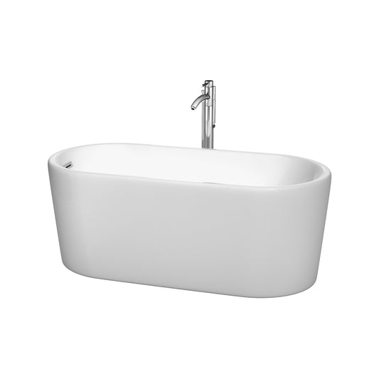 59 inch Freestanding Bathtub in White with Floor Mounted Faucet, Drain and Overflow Trim - Luxe Bathroom Vanities Luxury Bathroom Fixtures Bathroom Furniture