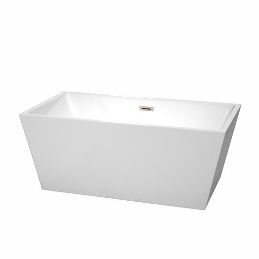Wyndham Collection Sara 59 Inch Freestanding Bathtub in White with Brushed Nickel Drain and Overflow Trim - Luxe Bathroom Vanities