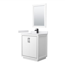 Wyndham Icon 30 Inch Single Bathroom Vanity White Cultured Marble Countertop with Undermount Square Sink, Matte Black Trim and 24 Inch Mirror - Luxe Bathroom Vanities