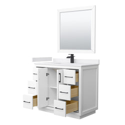 Wyndham Icon 42 Inch Single Bathroom Vanity White Cultured Marble Countertop with Undermount Square Sink, Matte Black Trim and 34 Inch Mirror - Luxe Bathroom Vanities