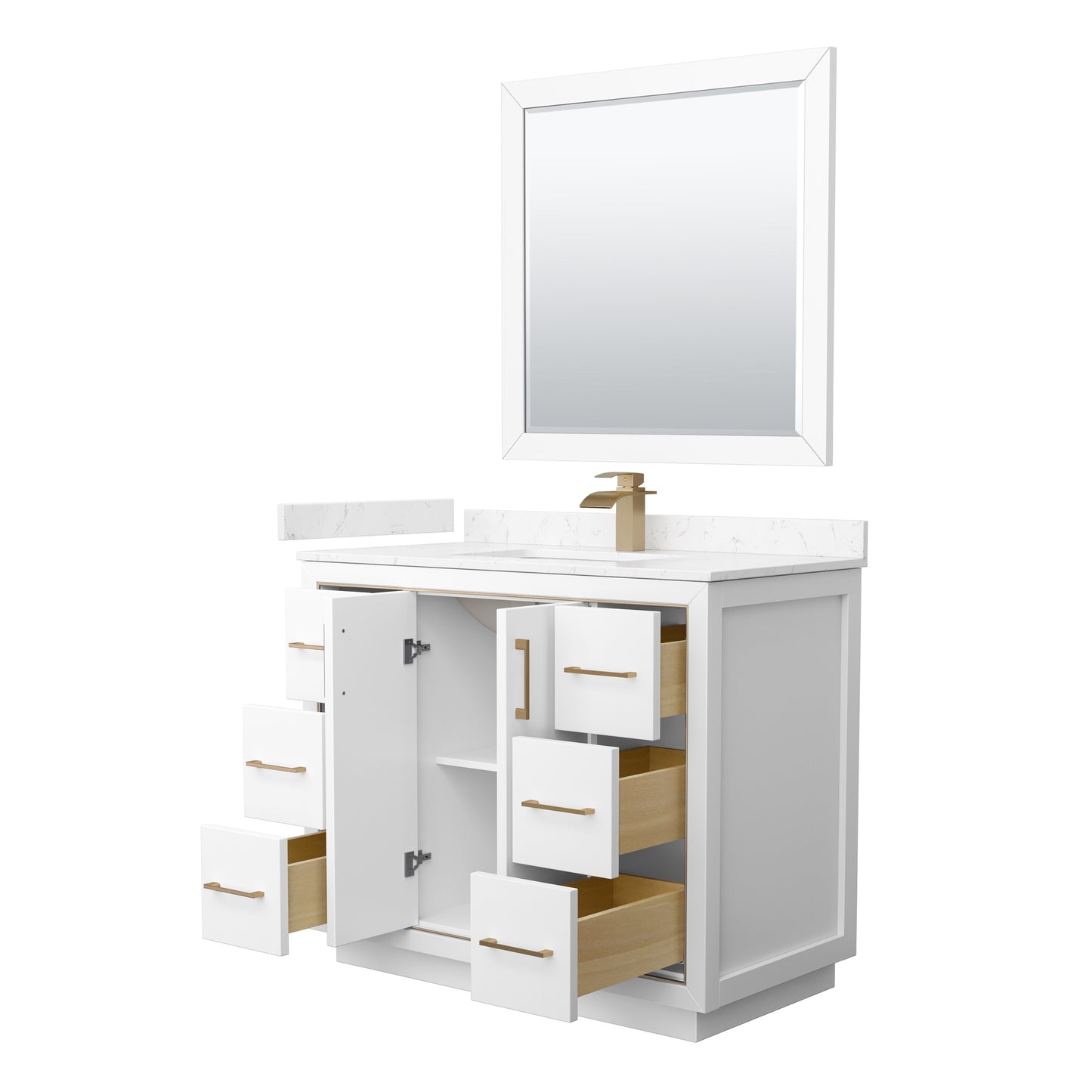 Wyndham Icon 42 Inch Single Bathroom Vanity in White with Carrara Cultured Marble Countertop, Undermount Square Sink, Satin Bronze Trim and 34 Inch Mirror - Luxe Bathroom Vanities