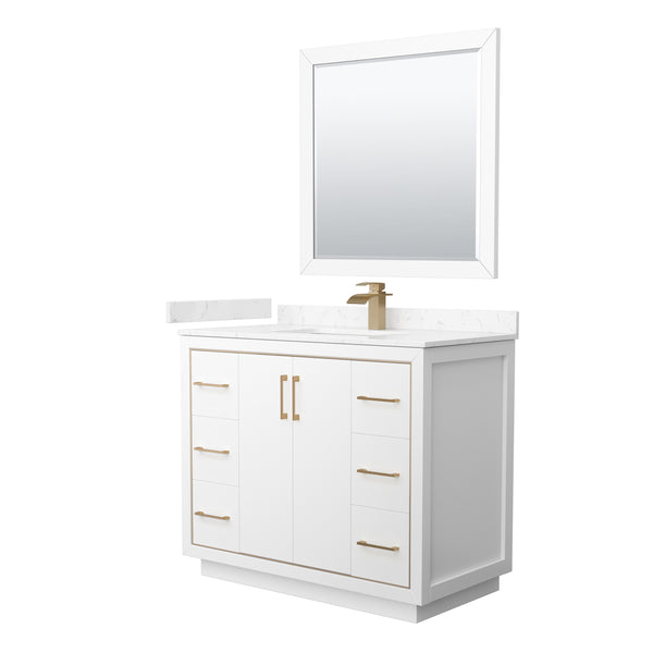 Wyndham Icon 42 Inch Single Bathroom Vanity in White with Carrara Cultured Marble Countertop, Undermount Square Sink, Satin Bronze Trim and 34 Inch Mirror - Luxe Bathroom Vanities
