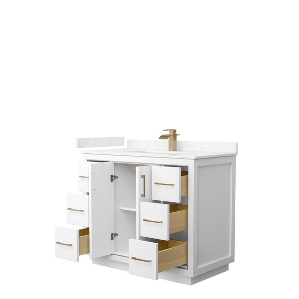 Wyndham Icon 42 Inch Single Bathroom Vanity in White with Carrara Cultured Marble Countertop, Undermount Square Sink and Satin Bronze Trim - Luxe Bathroom Vanities