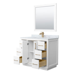 Wyndham Icon 42 Inch Single Bathroom Vanity in White with White Carrara Marble Countertop, Undermount Square Sink, Satin Bronze Trim and 34 Inch Mirror - Luxe Bathroom Vanities