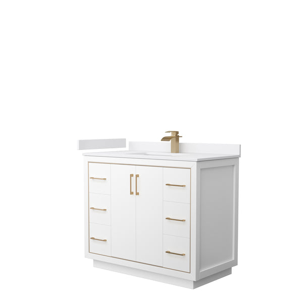 Wyndham Icon 42 Inch Single Bathroom Vanity in White with White Cultured Marble Countertop, Undermount Square Sink and Satin Bronze Trim - Luxe Bathroom Vanities