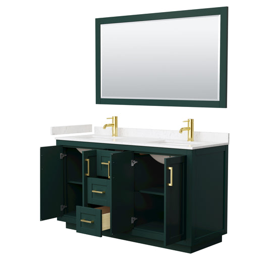 Wyndham Miranda 60 Inch Double Bathroom Vanity in Green with Light-Vein Carrara Cultured Marble Countertop Undermount Square Sinks and Trim - Luxe Bathroom Vanities