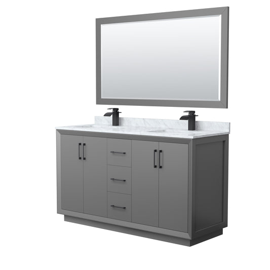 Wyndham Strada 60 Inch Double Bathroom Vanity White Carrara Marble Countertop Undermount Square Sink 58 Inch Mirror - Luxe Bathroom Vanities