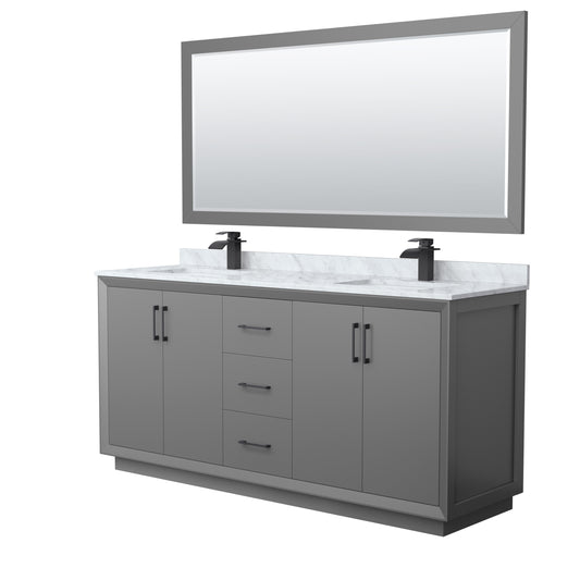 Wyndham Strada 72 Inch Double Bathroom Vanity White Carrara Marble Countertop, Undermount Square Sink 70 Inch Mirror - Luxe Bathroom Vanities