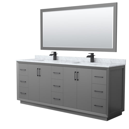 Wyndham Strada 84 Inch Double Bathroom Vanity White Carrara Marble Countertop Undermount Square Sink 70 Inch Mirror - Luxe Bathroom Vanities