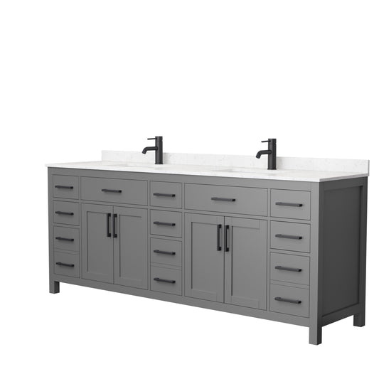 Wyndham Collections Beckett 84 Inch Double Bathroom Vanity in Dark Gray, Carrara Cultured Marble Countertop, Undermount Square Sinks, Matte Black Trim - Luxe Bathroom Vanities