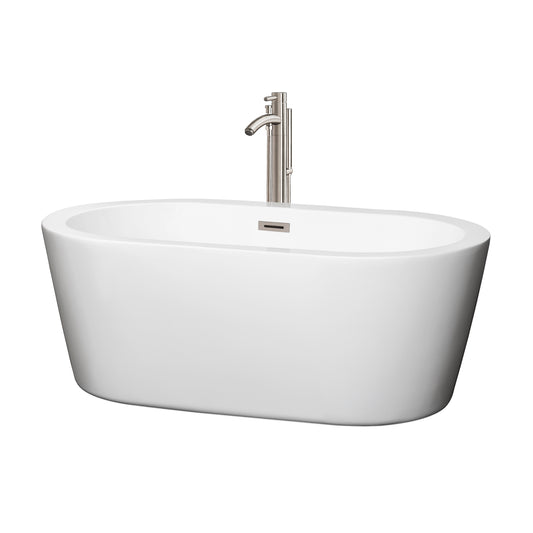 60 inch Freestanding Bathtub in White with Floor Mounted Faucet, Drain and Overflow Trim - Luxe Bathroom Vanities Luxury Bathroom Fixtures Bathroom Furniture
