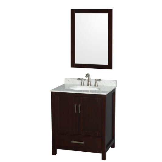 30 inch Single Bathroom Vanity in Espresso, White Carrara Marble Countertop, Undermount Oval Sink, and 24 inch Mirror - Luxe Bathroom Vanities Luxury Bathroom Fixtures Bathroom Furniture
