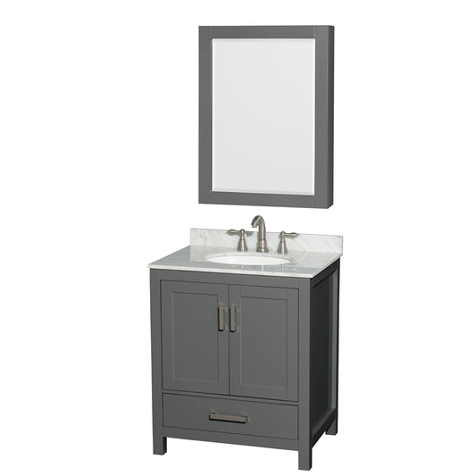 30 inch Single Bathroom Vanity in Dark Gray, White Carrara Marble Countertop, Undermount Oval Sink, and Medicine Cabinet - Luxe Bathroom Vanities Luxury Bathroom Fixtures Bathroom Furniture