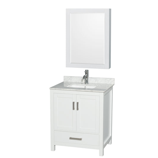 30 inch Single Bathroom Vanity in White, White Carrara Marble Countertop, Undermount Square Sink, and Medicine Cabinet - Luxe Bathroom Vanities Luxury Bathroom Fixtures Bathroom Furniture