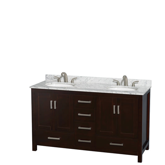 60 inch Double Bathroom Vanity in Espresso, White Carrara Marble Countertop, Undermount Oval Sinks, and No Mirror - Luxe Bathroom Vanities Luxury Bathroom Fixtures Bathroom Furniture