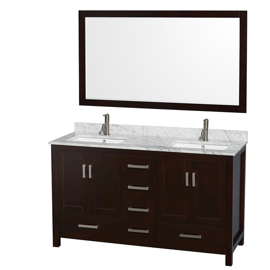 60 inch Double Bathroom Vanity in Espresso, White Carrara Marble Countertop, Undermount Square Sinks, and 58 inch Mirror - Luxe Bathroom Vanities Luxury Bathroom Fixtures Bathroom Furniture