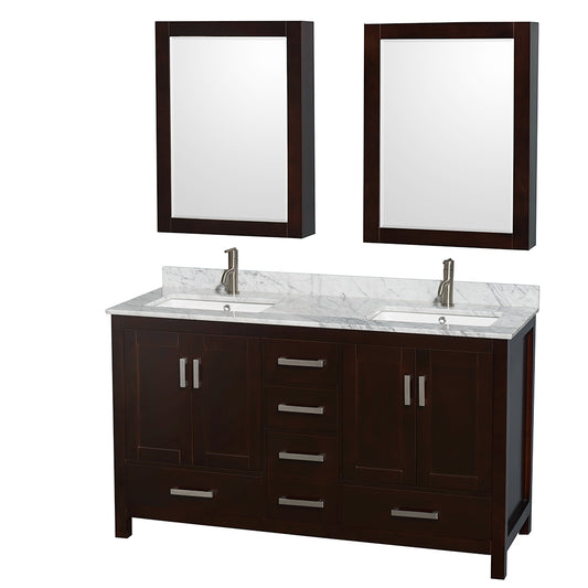 60 inch Double Bathroom Vanity in Espresso, White Carrara Marble Countertop, Undermount Square Sinks, and Medicine Cabinets - Luxe Bathroom Vanities Luxury Bathroom Fixtures Bathroom Furniture