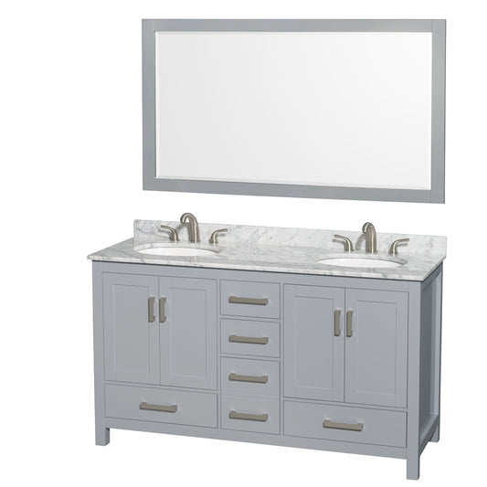 60 inch Double Bathroom Vanity in Gray, White Carrara Marble Countertop, Undermount Oval Sinks, and 58 inch Mirror - Luxe Bathroom Vanities Luxury Bathroom Fixtures Bathroom Furniture