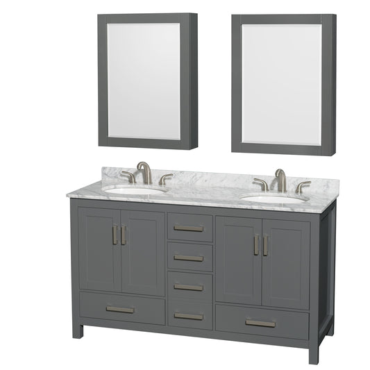 60 inch Double Bathroom Vanity in Dark Gray, White Carrara Marble Countertop, Undermount Oval Sinks, and Medicine Cabinets - Luxe Bathroom Vanities Luxury Bathroom Fixtures Bathroom Furniture