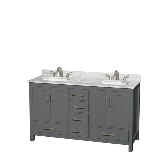 60 inch Double Bathroom Vanity in Dark Gray, White Carrara Marble Countertop, Undermount Oval Sinks, and No Mirror - Luxe Bathroom Vanities Luxury Bathroom Fixtures Bathroom Furniture