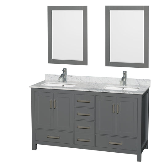 60 inch Double Bathroom Vanity in Dark Gray, White Carrara Marble Countertop, Undermount Square Sinks, and 24 inch Mirrors - Luxe Bathroom Vanities Luxury Bathroom Fixtures Bathroom Furniture