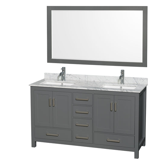 60 inch Double Bathroom Vanity in Dark Gray, White Carrara Marble Countertop, Undermount Square Sinks, and 58 inch Mirror - Luxe Bathroom Vanities Luxury Bathroom Fixtures Bathroom Furniture