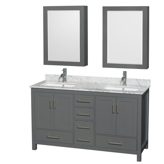 60 inch Double Bathroom Vanity in Dark Gray, White Carrara Marble Countertop, Undermount Square Sinks, and Medicine Cabinets - Luxe Bathroom Vanities Luxury Bathroom Fixtures Bathroom Furniture