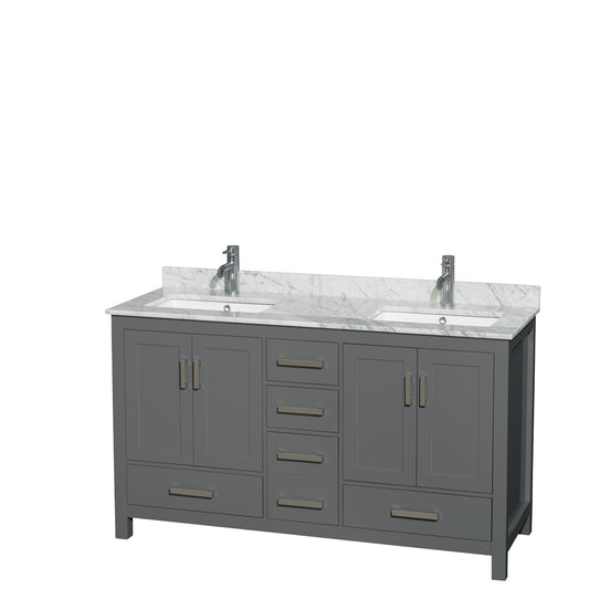 60 inch Double Bathroom Vanity in Dark Gray, White Carrara Marble Countertop, Undermount Square Sinks, and No Mirror - Luxe Bathroom Vanities Luxury Bathroom Fixtures Bathroom Furniture