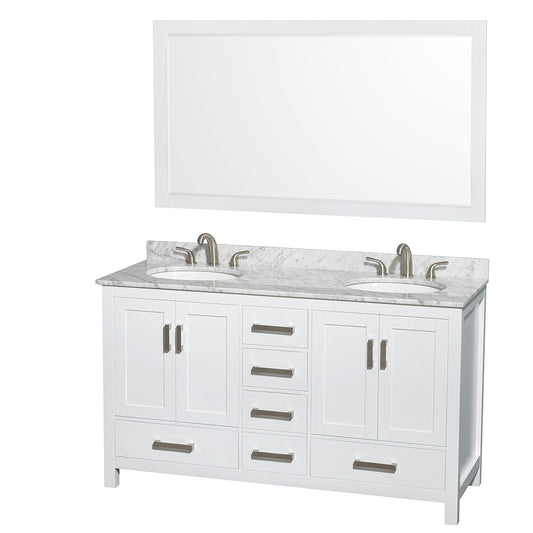 60 inch Double Bathroom Vanity in White, White Carrara Marble Countertop, Undermount Oval Sinks, and 58 inch Mirror - Luxe Bathroom Vanities Luxury Bathroom Fixtures Bathroom Furniture
