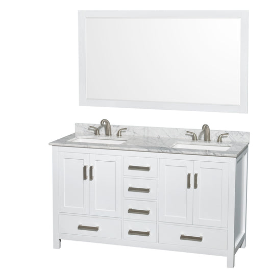 60 Inch Double Bathroom Vanity in White, White Carrara Marble Countertop, Undermount 3-Hole Square Sinks, 58 Inch Mirror - Luxe Bathroom Vanities Luxury Bathroom Fixtures Bathroom Furniture