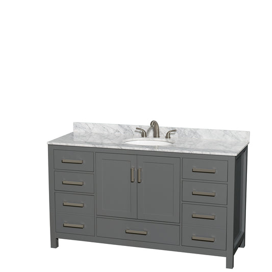60 inch Single Bathroom Vanity in Dark Gray, White Carrara Marble Countertop, Undermount Oval Sink, and No Mirror - Luxe Bathroom Vanities Luxury Bathroom Fixtures Bathroom Furniture