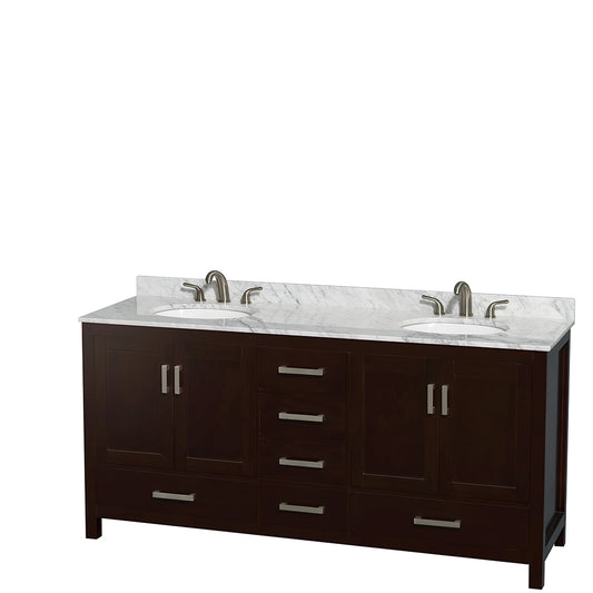 72 inch Double Bathroom Vanity in Espresso, White Carrara Marble Countertop, Undermount Oval Sinks, and No Mirror - Luxe Bathroom Vanities Luxury Bathroom Fixtures Bathroom Furniture