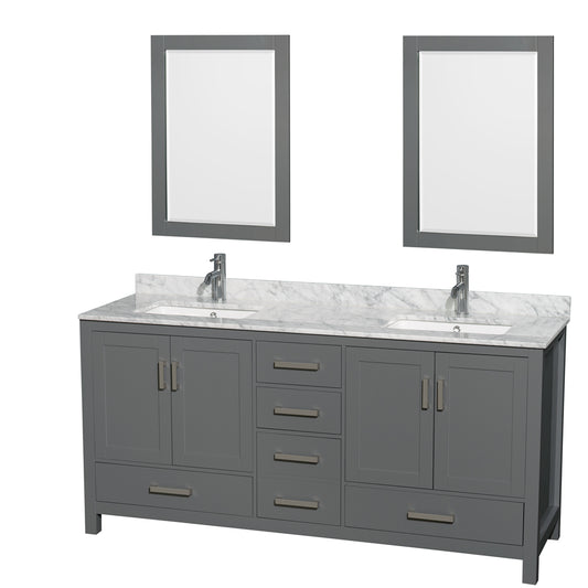 72 inch Double Bathroom Vanity in Dark Gray, White Carrara Marble Countertop, Undermount Square Sinks, and 24 inch Mirrors - Luxe Bathroom Vanities Luxury Bathroom Fixtures Bathroom Furniture
