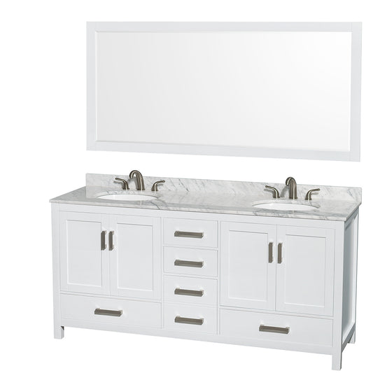 72 inch Double Bathroom Vanity in White, White Carrara Marble Countertop, Undermount Oval Sinks, and 70 inch Mirror - Luxe Bathroom Vanities Luxury Bathroom Fixtures Bathroom Furniture