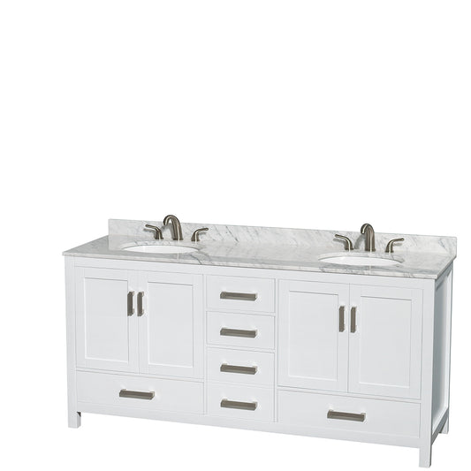 72 inch Double Bathroom Vanity in White, White Carrara Marble Countertop, Undermount Oval Sinks, and No Mirror - Luxe Bathroom Vanities Luxury Bathroom Fixtures Bathroom Furniture