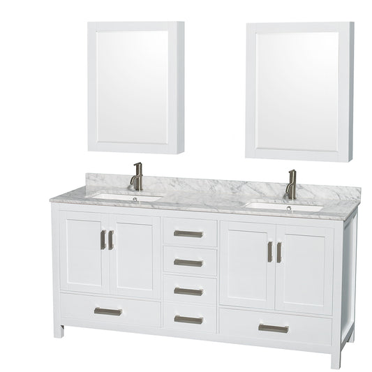 72 inch Double Bathroom Vanity in White, White Carrara Marble Countertop, Undermount Square Sinks, and Medicine Cabinets - Luxe Bathroom Vanities Luxury Bathroom Fixtures Bathroom Furniture