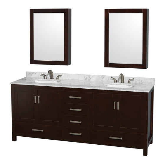 80 inch Double Bathroom Vanity in Espresso, White Carrara Marble Countertop, Undermount Oval Sinks, and Medicine Cabinets - Luxe Bathroom Vanities Luxury Bathroom Fixtures Bathroom Furniture