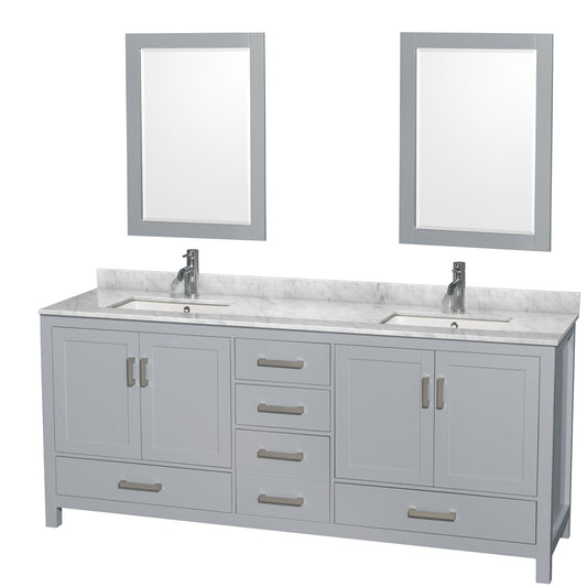 80 inch Double Bathroom Vanity in Gray, White Carrara Marble Countertop, Undermount Square Sinks, and 24 inch Mirrors - Luxe Bathroom Vanities Luxury Bathroom Fixtures Bathroom Furniture