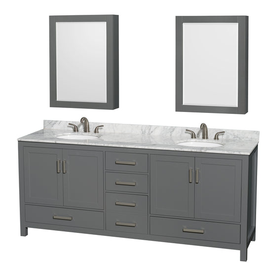 80 inch Double Bathroom Vanity in Dark Gray, White Carrara Marble Countertop, Undermount Oval Sinks, and Medicine Cabinets - Luxe Bathroom Vanities Luxury Bathroom Fixtures Bathroom Furniture
