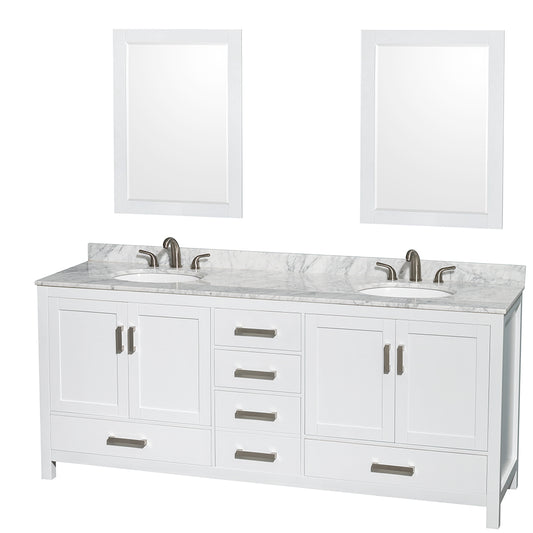 80 inch Double Bathroom Vanity in White, White Carrara Marble Countertop, Undermount Oval Sinks, and 24 inch Mirrors - Luxe Bathroom Vanities Luxury Bathroom Fixtures Bathroom Furniture
