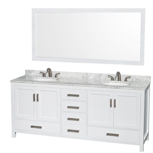 80 inch Double Bathroom Vanity in White, White Carrara Marble Countertop, Undermount Oval Sinks, and 70 inch Mirror - Luxe Bathroom Vanities Luxury Bathroom Fixtures Bathroom Furniture