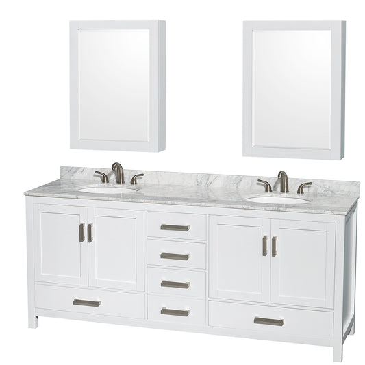 80 inch Double Bathroom Vanity in White, White Carrara Marble Countertop, Undermount Oval Sinks, and Medicine Cabinets - Luxe Bathroom Vanities Luxury Bathroom Fixtures Bathroom Furniture