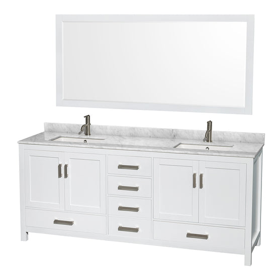 80 inch Double Bathroom Vanity in White, White Carrara Marble Countertop, Undermount Square Sinks, and 70 inch Mirror - Luxe Bathroom Vanities Luxury Bathroom Fixtures Bathroom Furniture